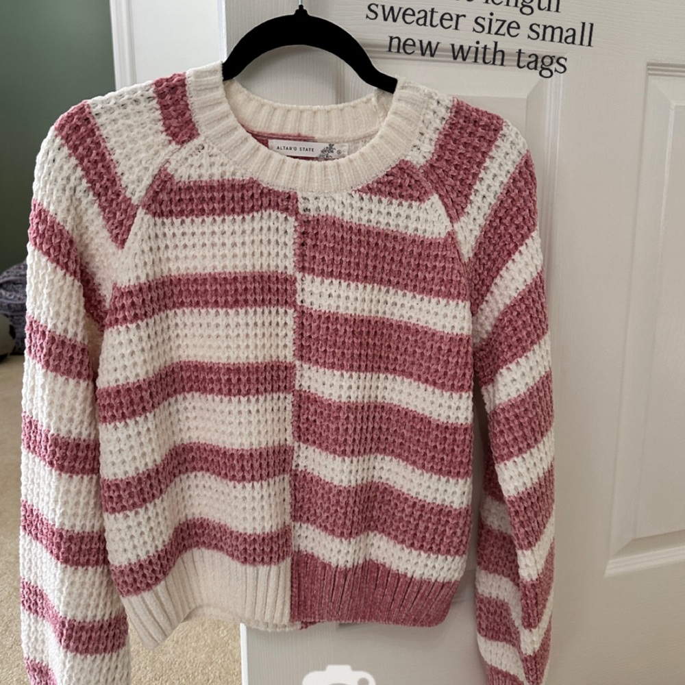 Altar'd State Pink and White Striped Crew Neck chenille striped Sweater